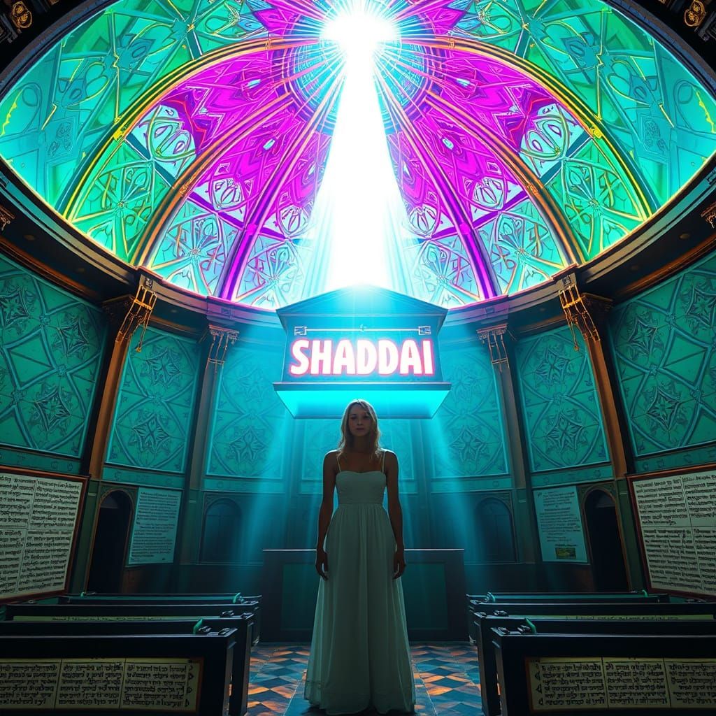 Serene Woman in Synagogue with Geometric Neon Patterns
