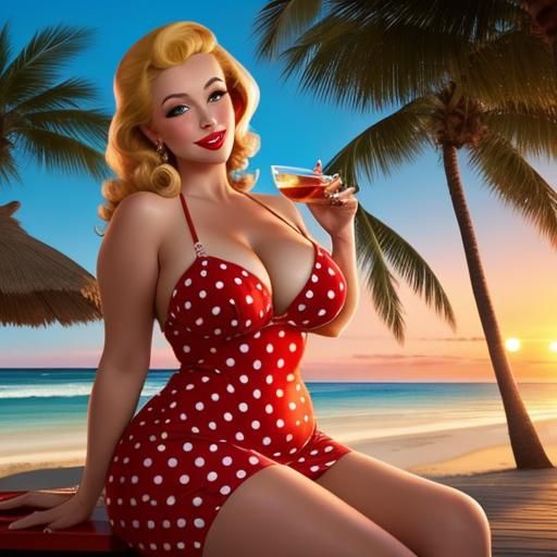 Curvy Blonde Pinup Girl at Sunset Beach Bar