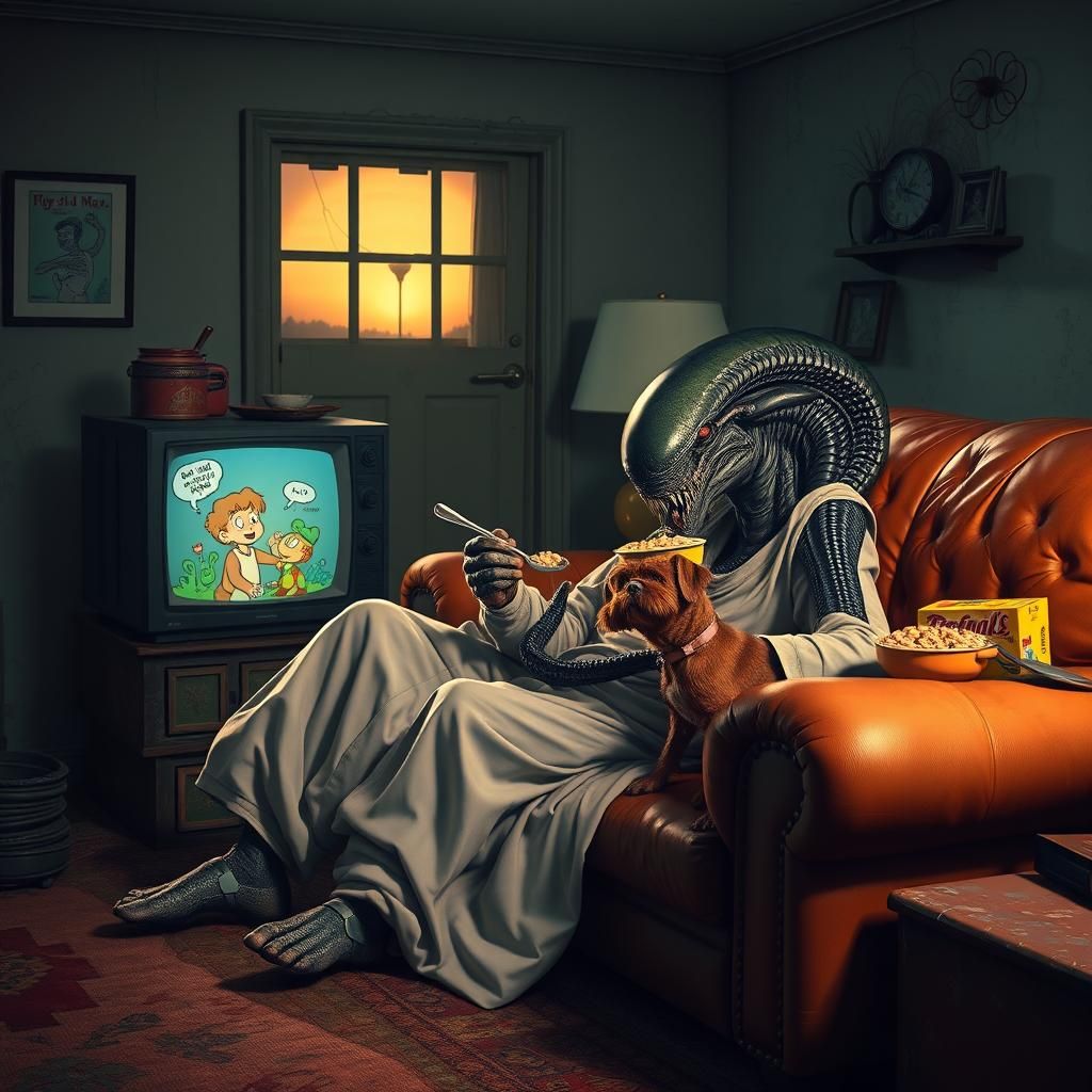 Xenomorph in Pajamas Watching Cartoons