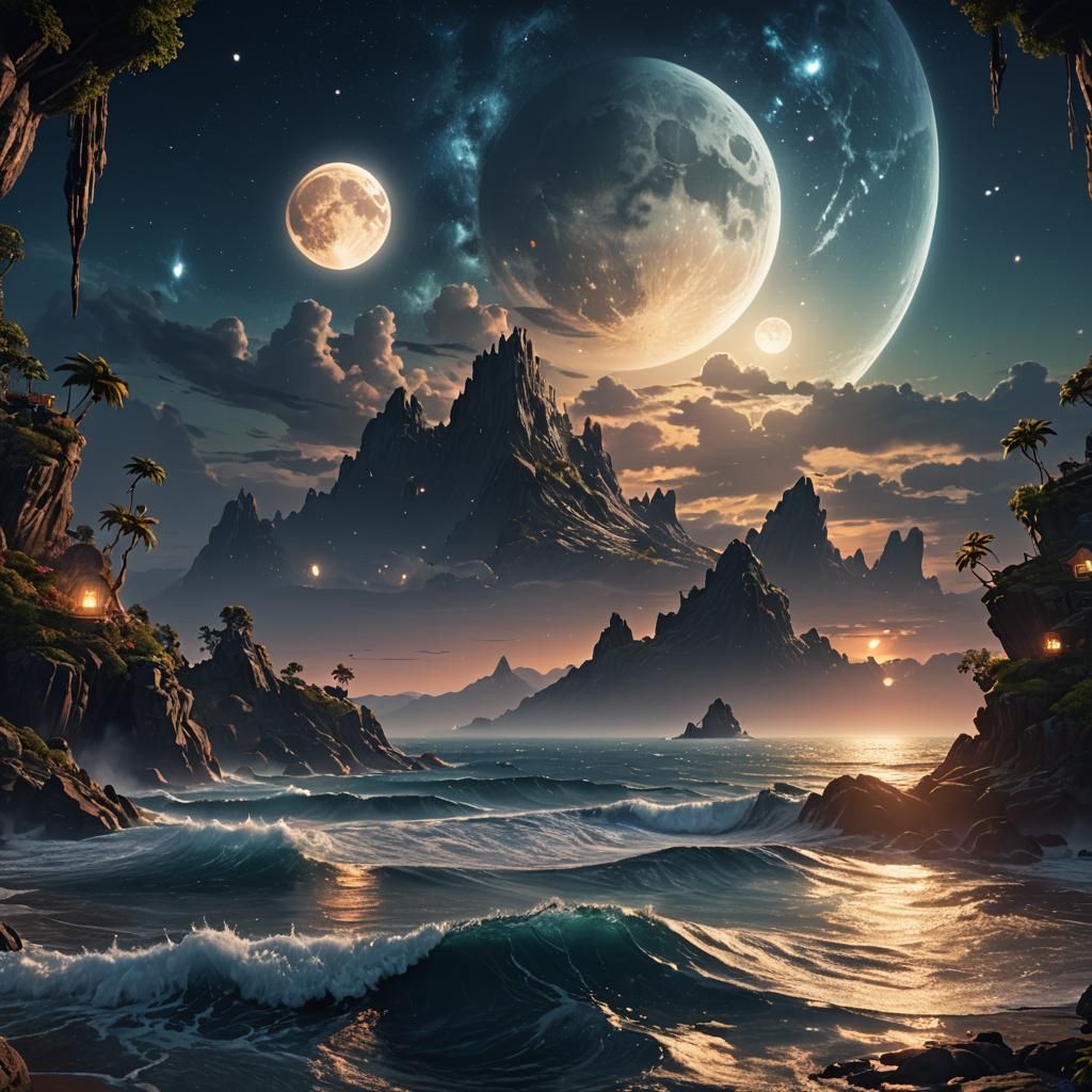 Mysterious Ocean Reflecting Galaxy in Detailed Matte Paintin...