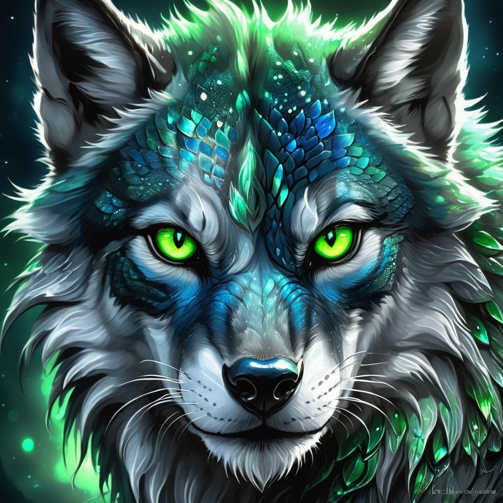Blue Dragon-Wolf Hybrid Portrait in Dark Fantasy Art
