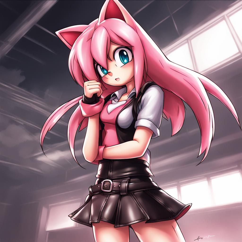 Amy Rose in Leather Skirt, Anime Style