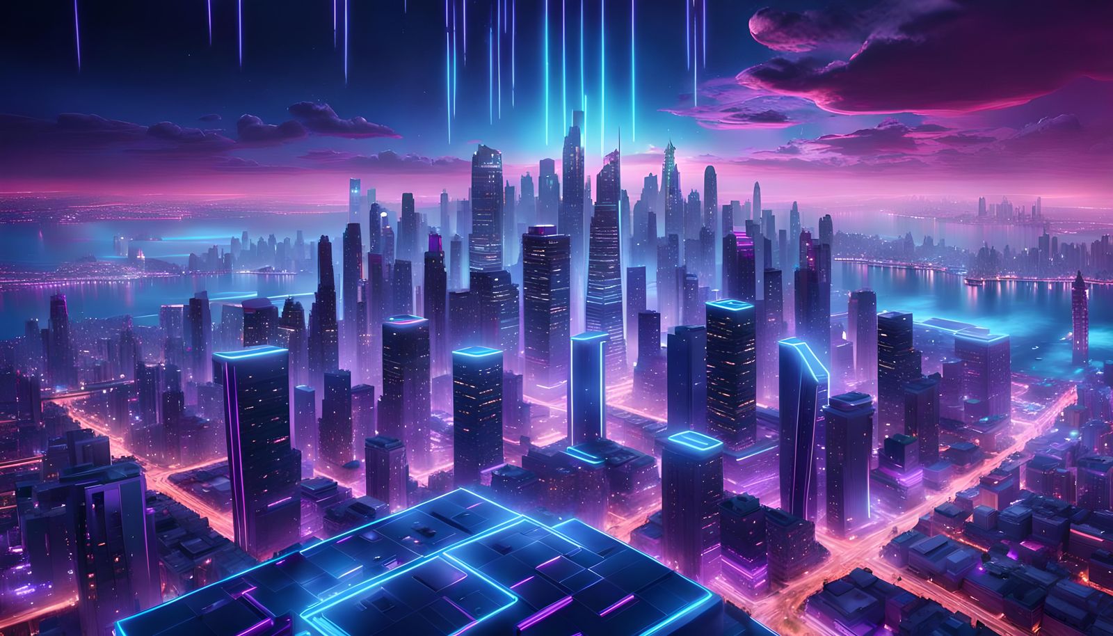 Utopian Cityscape with Blue and Purple Neon Lights