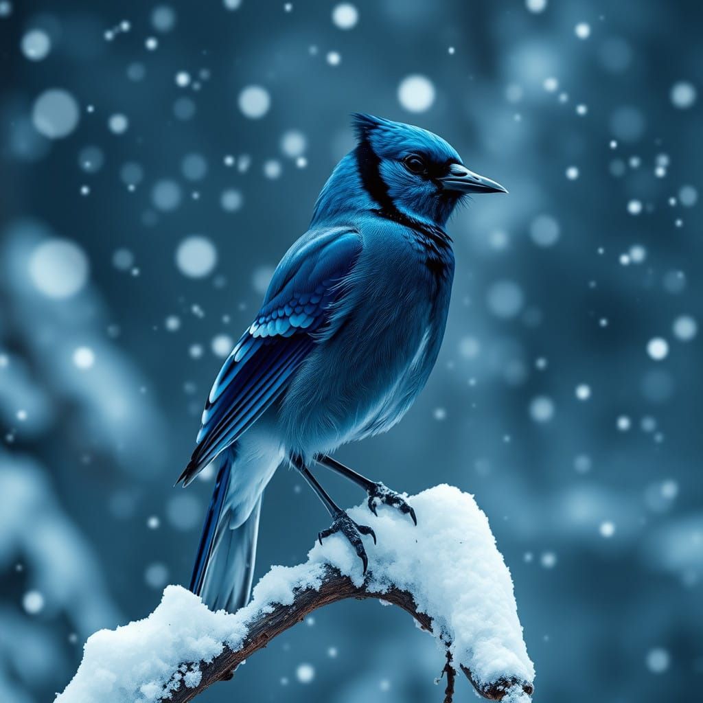 Majestic Blue Jay Amidst Dark Forest Blizzard