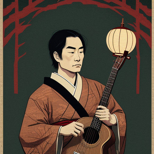 Japanese Shamisen Master in Earthy Tones by Candlelight