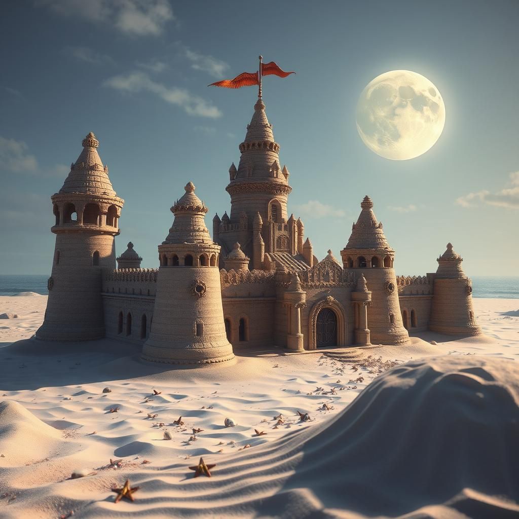 Intricate Sand Castle Concept Art on White Sand Beach