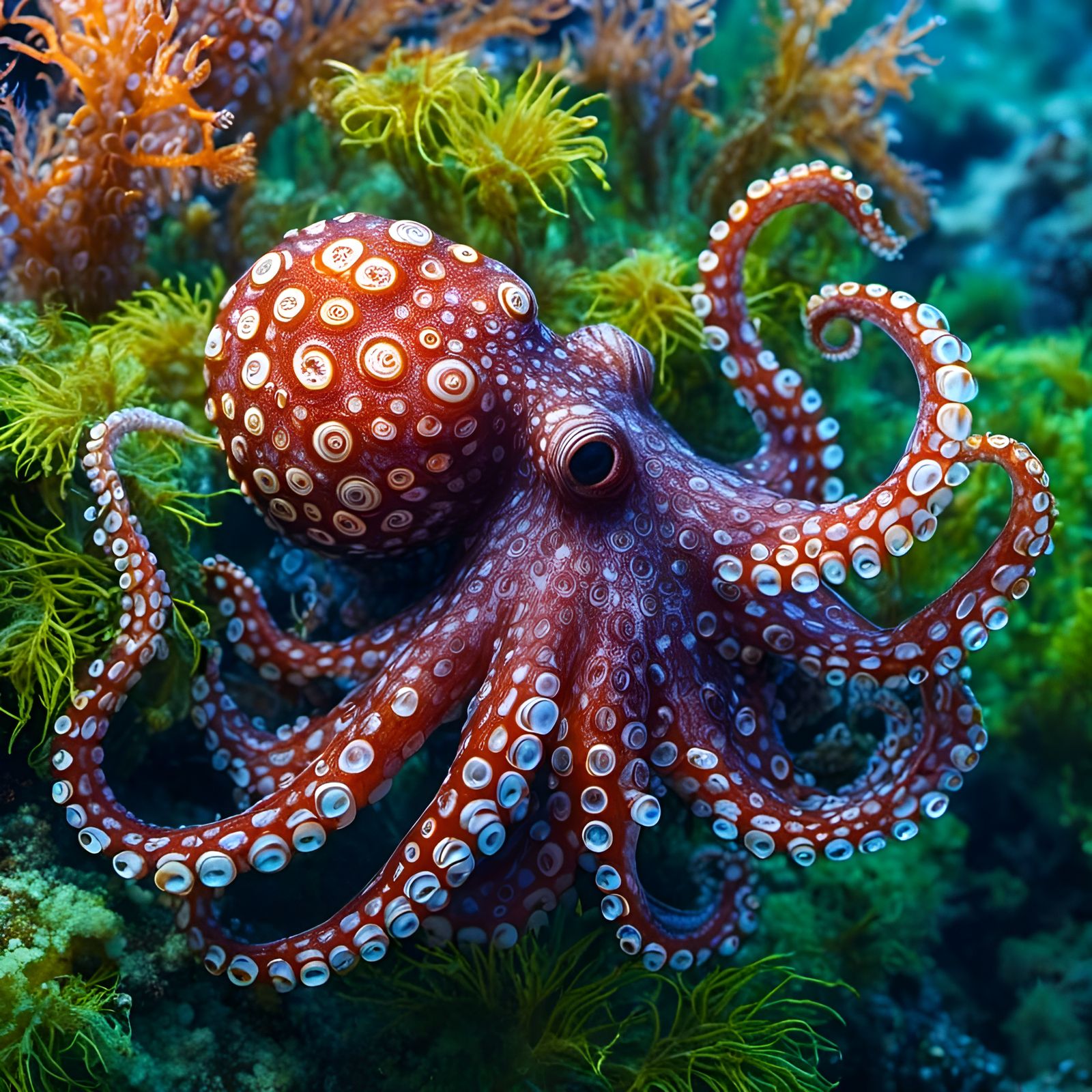 Colorful Octopus Hiding in Seaweed