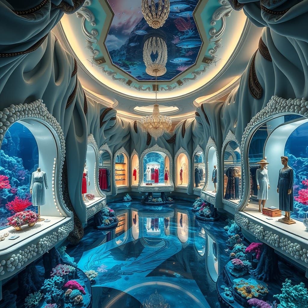 Luxurious Underwater Mall with Bioluminescent Coral Reefs