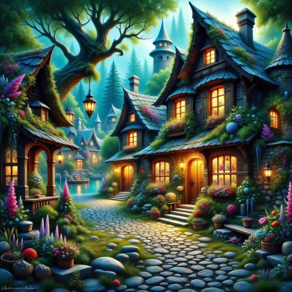 Surreal Village in Golden Light, Mediterranean Landscape, Im...