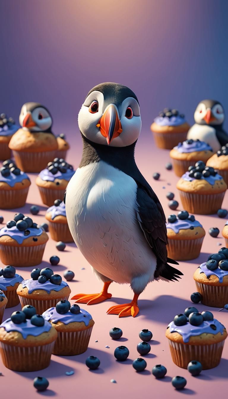 Cute Puffin with Blueberry Muffins in 3D Style