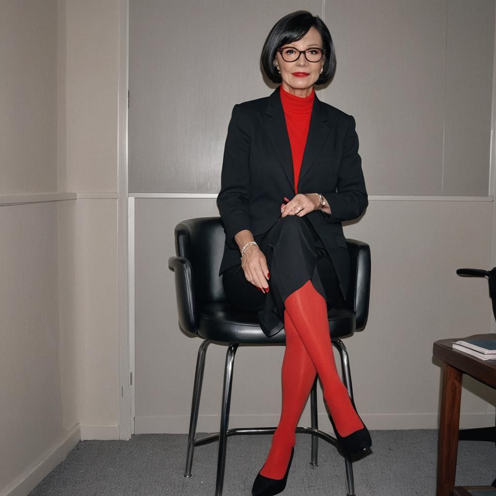 Woman in Red Tights Sits in Reception