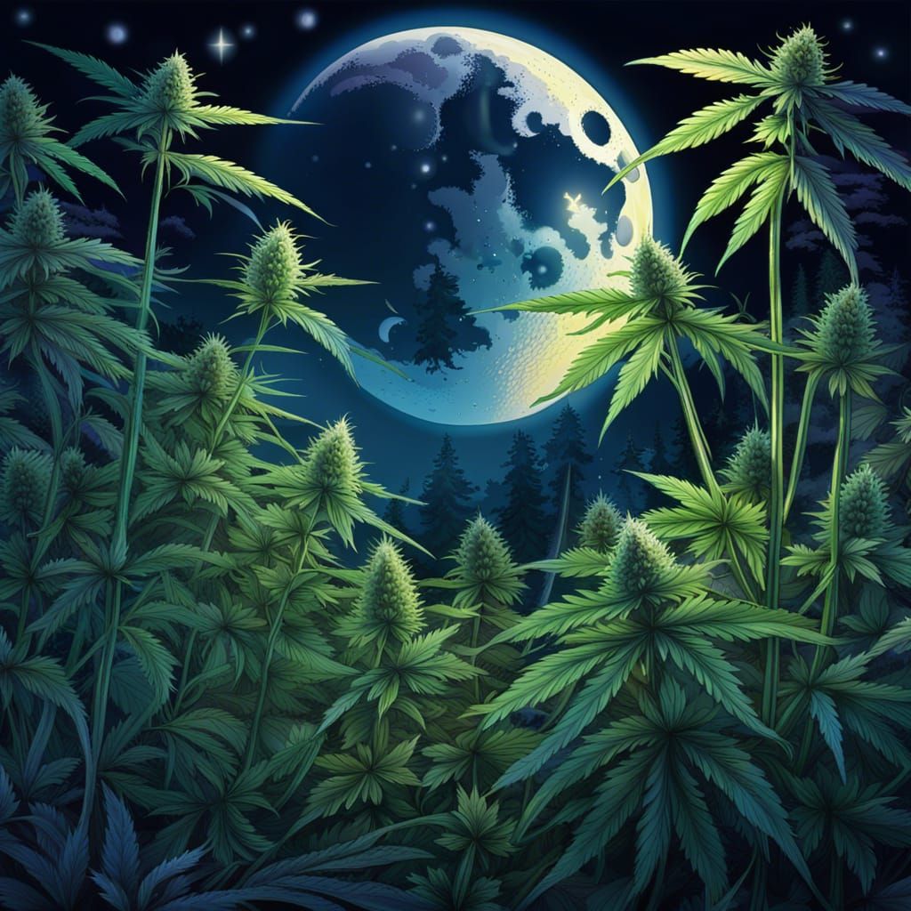 Moonlit Cannabis Field: Hyperrealistic Splash Art