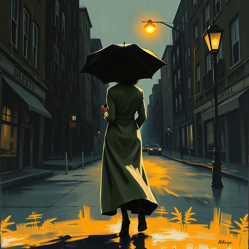 Woman Walks Under Street Lamp on Rainy City Street in Noir S...