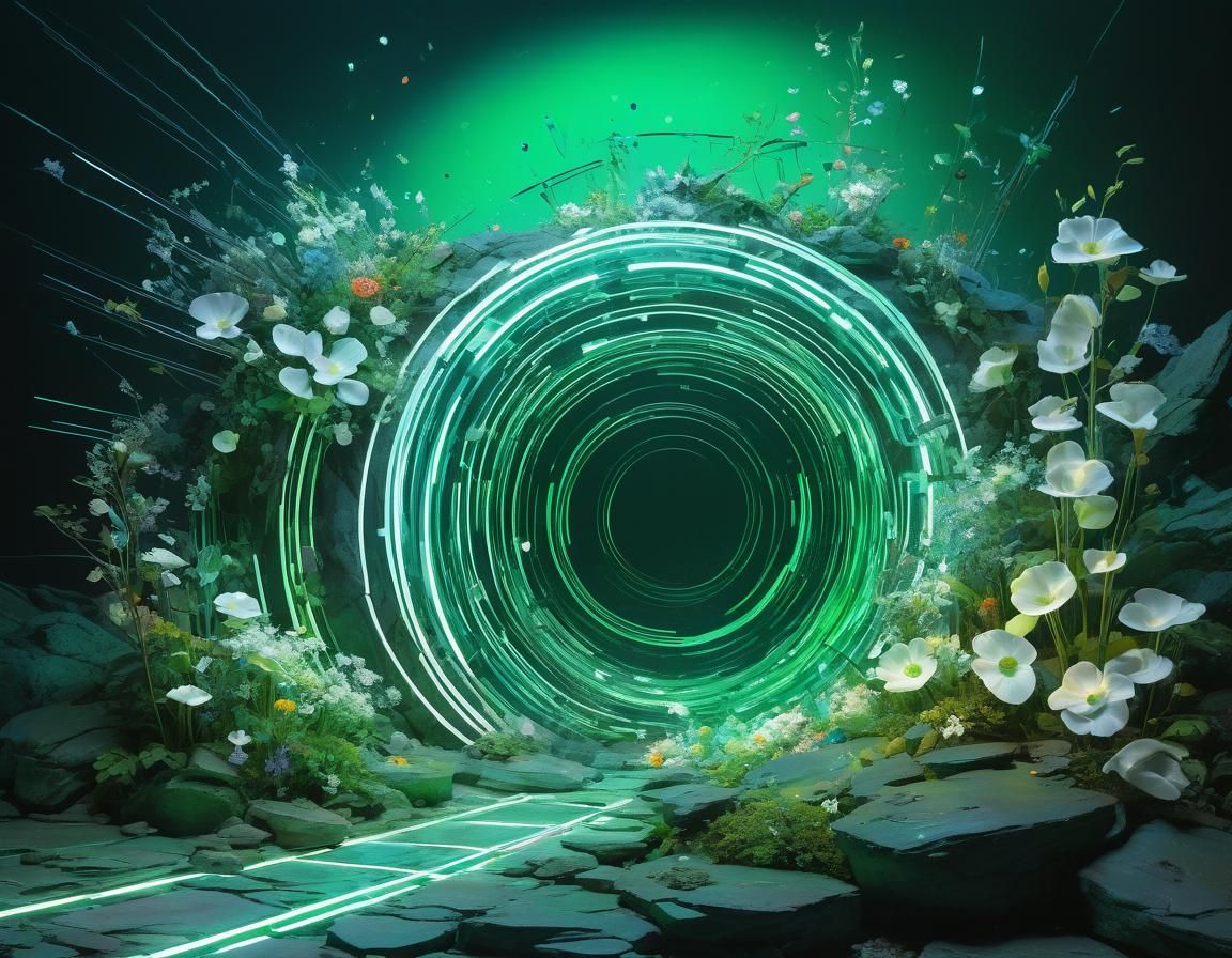 Ethereal Abstract Art: Neon Shimmering Floral Landscape