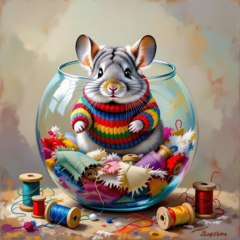 Chinchilla Escapes Fishbowl: Impressionist Oil Painting