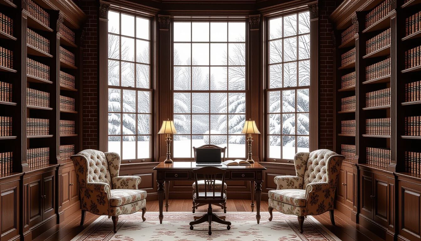 Victorian Library with Bookcases and Snowy Window View