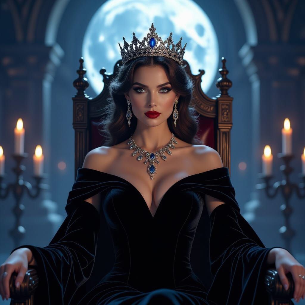 Mysterious Royal Queen in Moonlit Throne Room