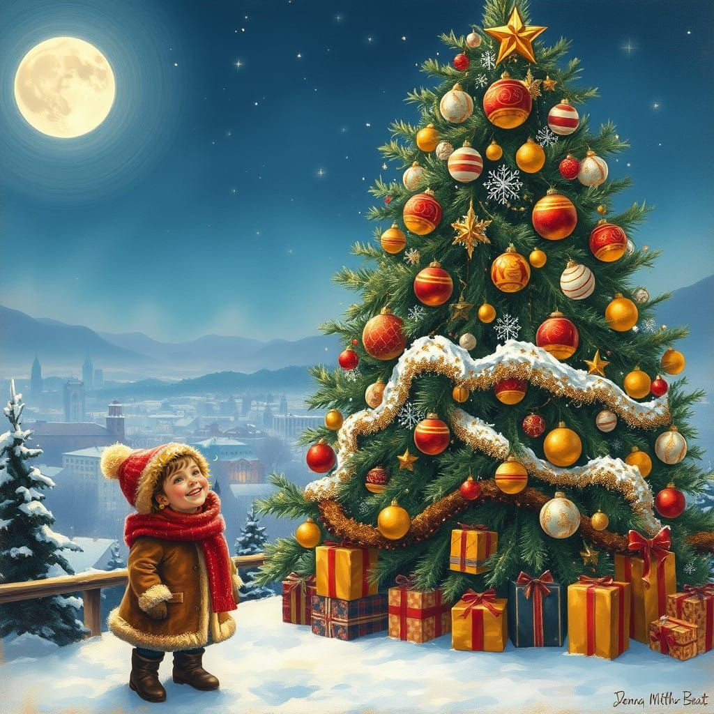 Whimsical City Christmas Scene Under Sparkling Moonlight