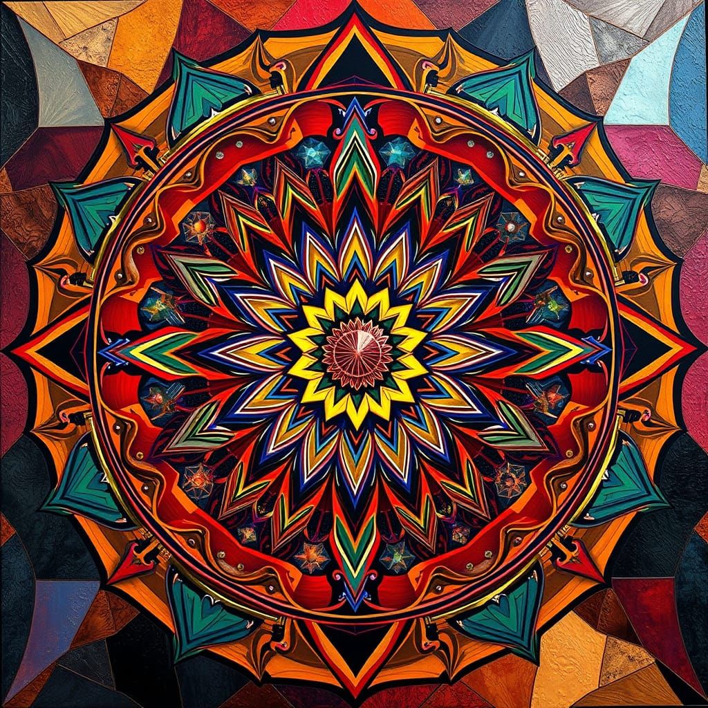 Aristotle's Entelechy: Vibrant Mandala in Cubist Style