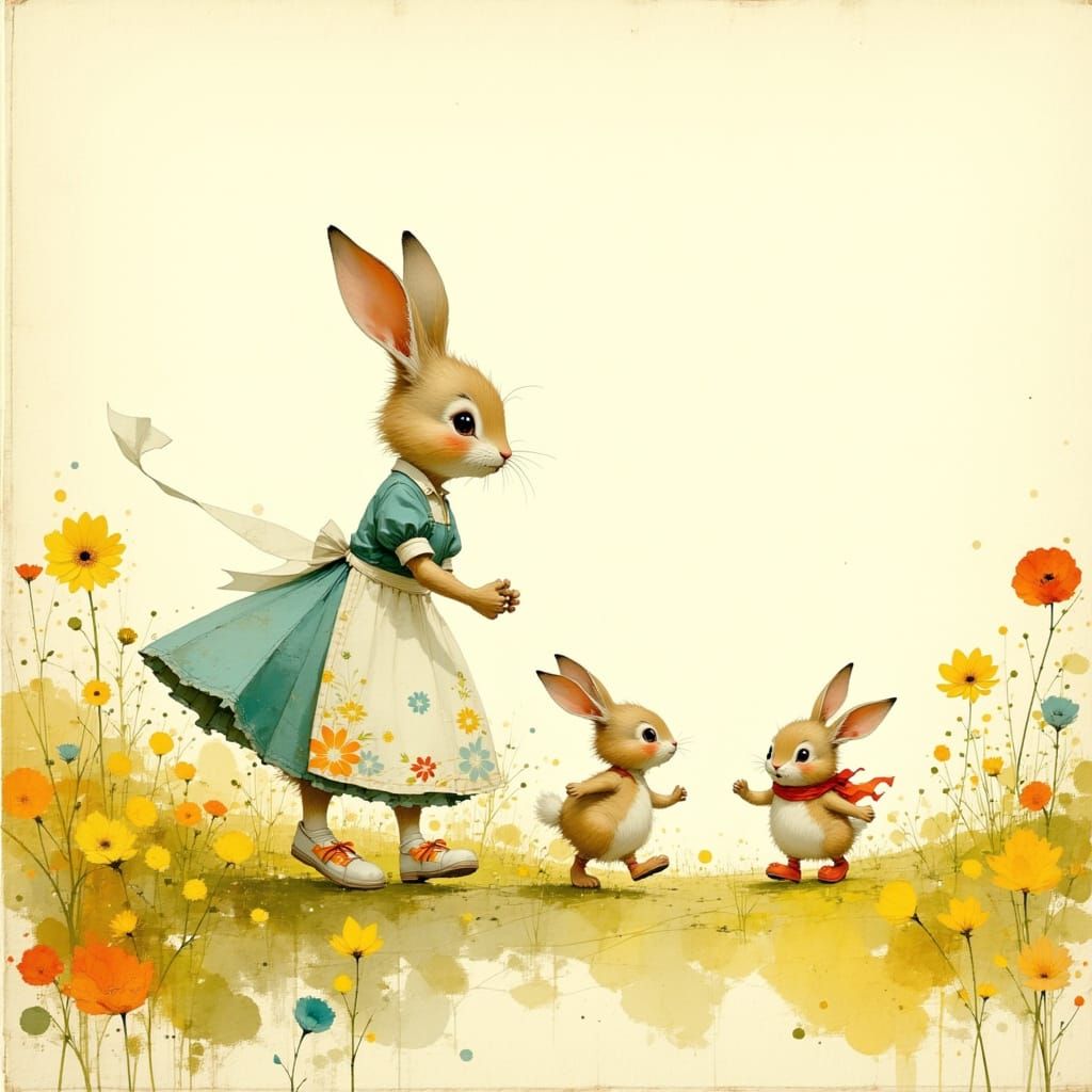 Charming Mother Rabbit Chases Adorable Bunnies in a Vibrant ...