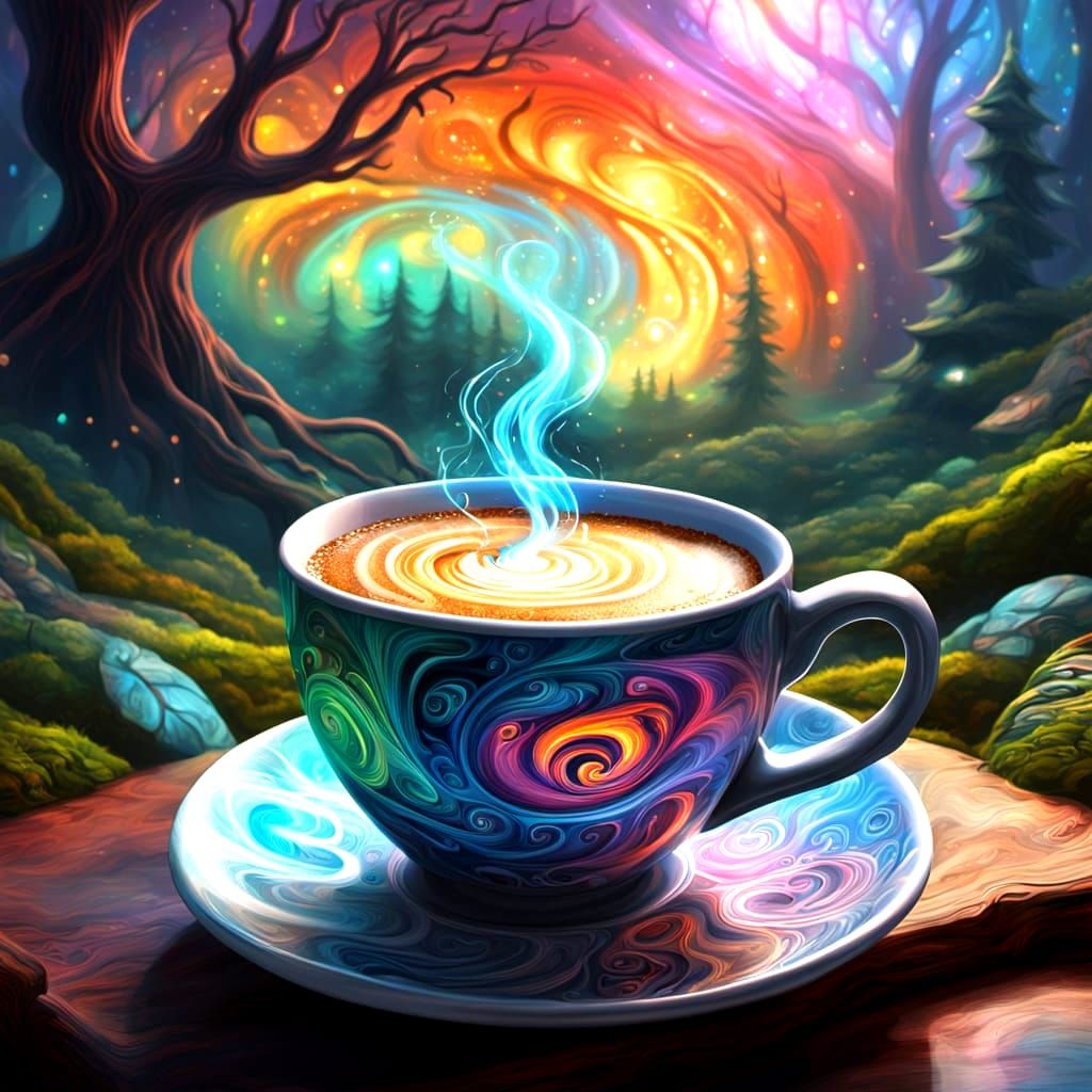 Mystical Coffee House with Ethereal Fantasy and Futuristic L...