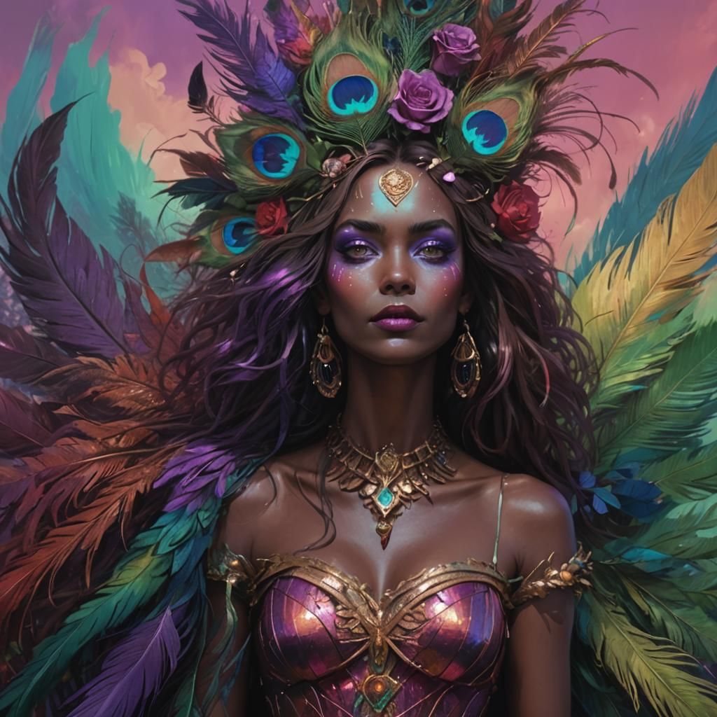 Rainbow Woman with Peacock Feathers, Fantasy Portrait