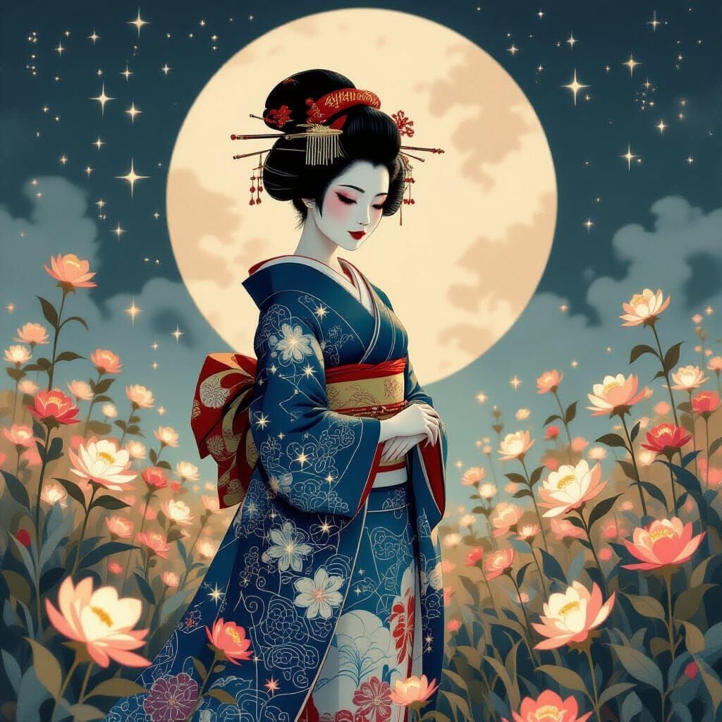 Ethereal Geisha in Constellation Kimono Amidst Glowing Flora