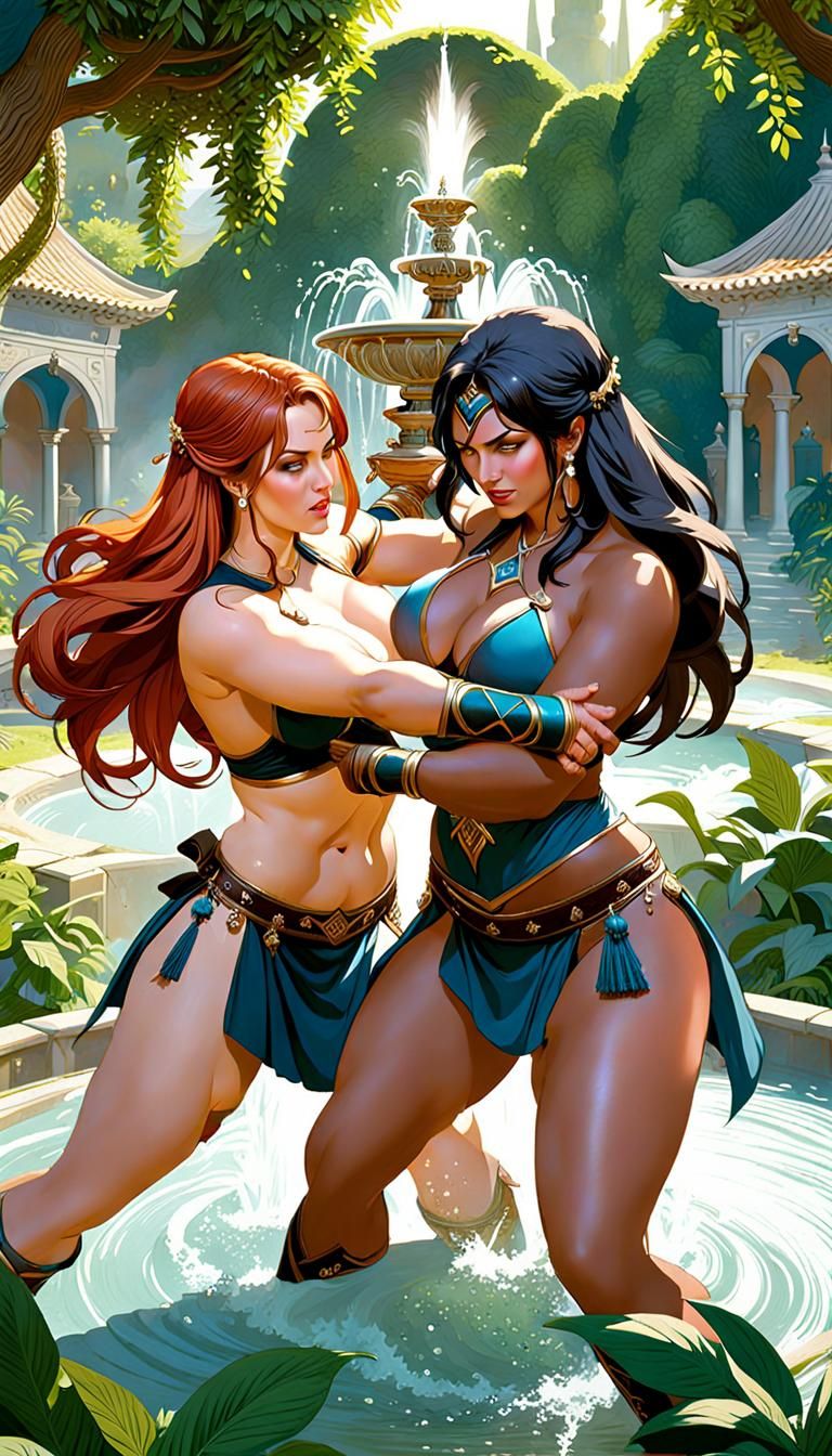 Fantasy Women Wrestle in Lush Garden Setting