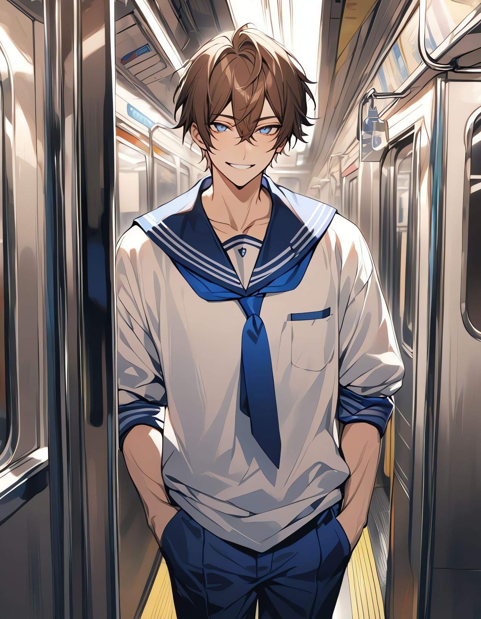 Smiling Sailor Boy on Subway Train