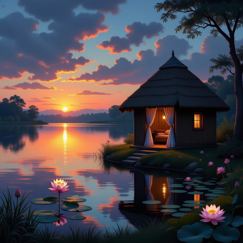 African Hut at Twilight: Baroque Oil Painting