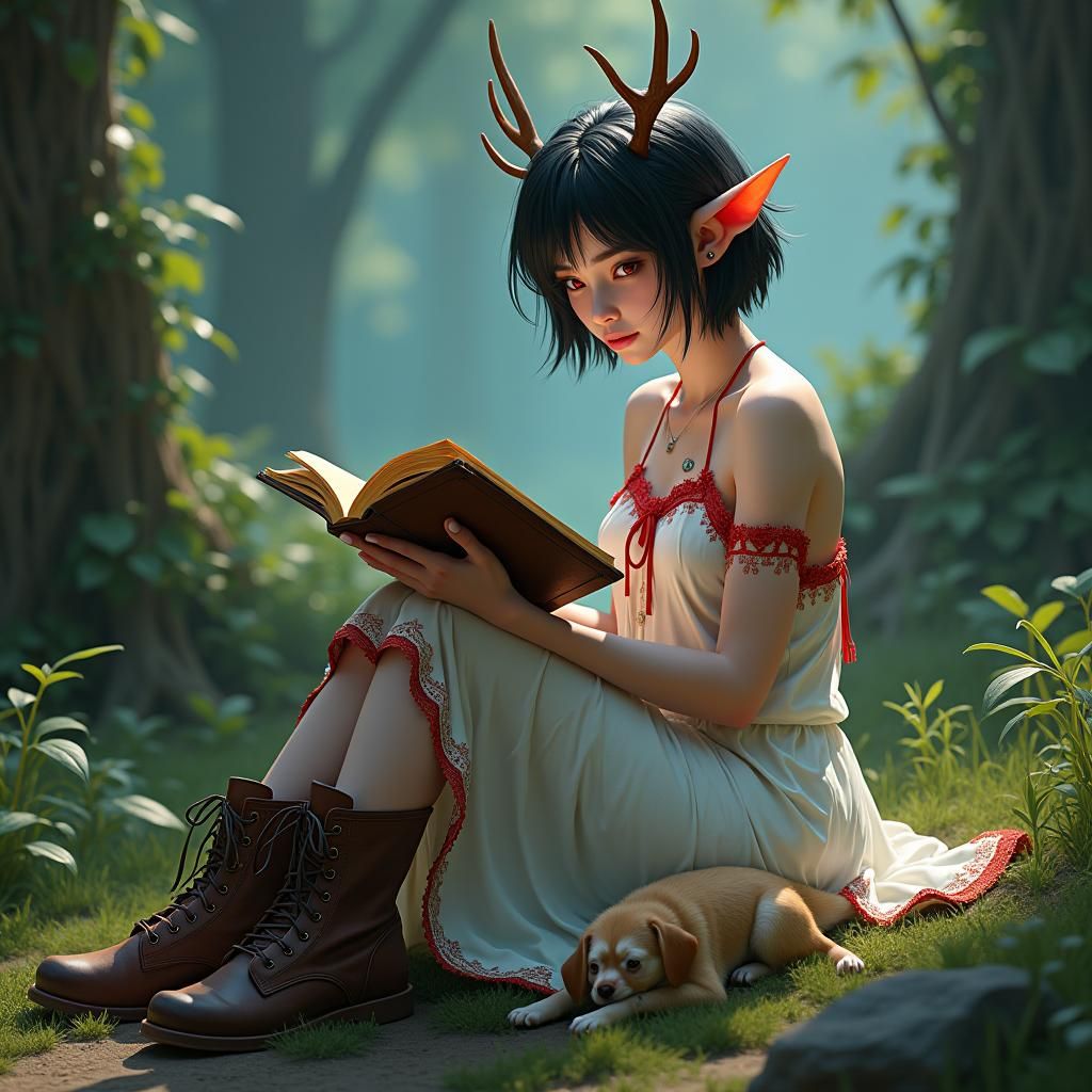 Enchanting Elf with Deer Antlers in Lush Setting