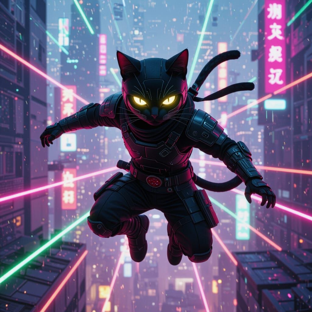 Cyberpunk Ninja Cat Leaps Across Neon City