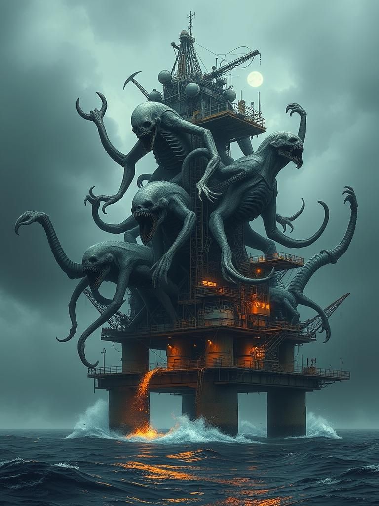 Undead Biomechanical Horror Over North Sea Oil Rig