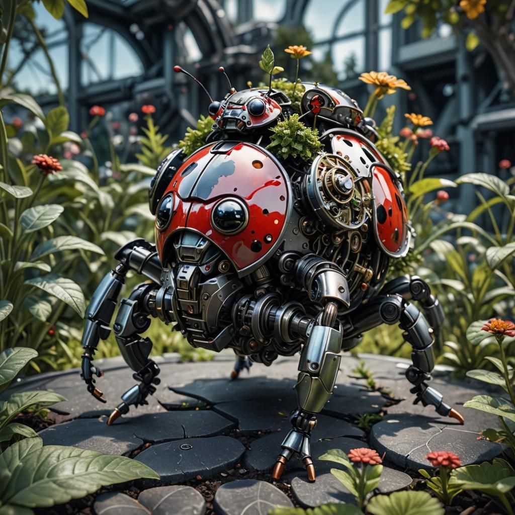 Hydraulic Ladybug in Futuristic Garden, 3D Render