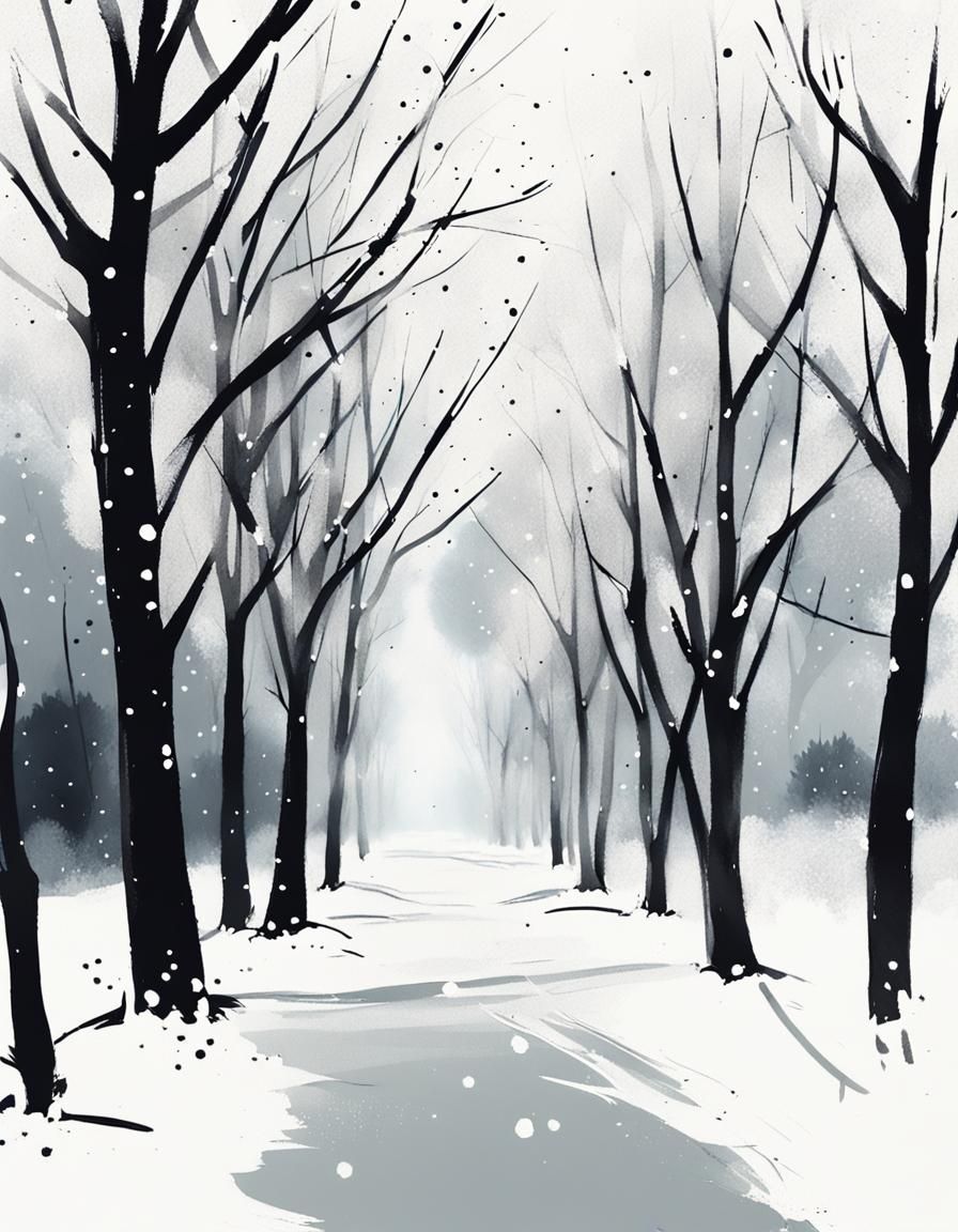 Minimalist Ink Landscape with Winter Trees