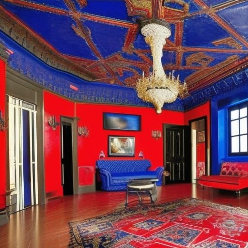 Wildcat crazy chaotic penthouse with Black walls with Red accents& Cobalt blue frames& red gothic ceiling with cobalt bl...