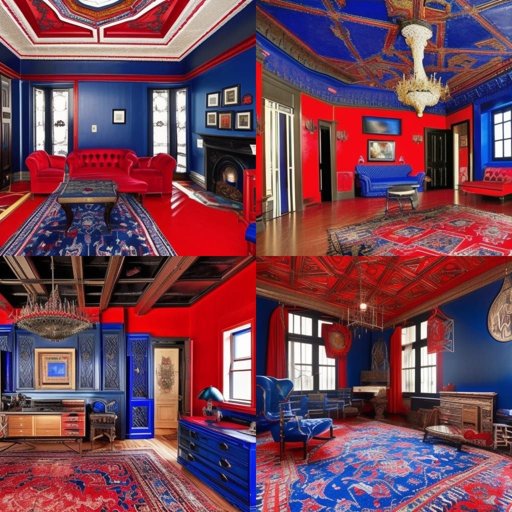 Wildcat crazy chaotic penthouse with Black walls with Red accents& Cobalt blue frames& red gothic ceiling with cobalt bl...