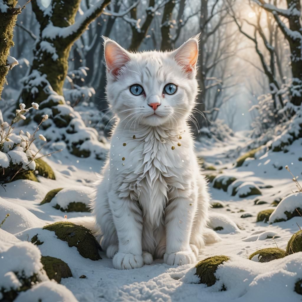 White Kitten in Snowy Landscape, Art Nouveau Style
