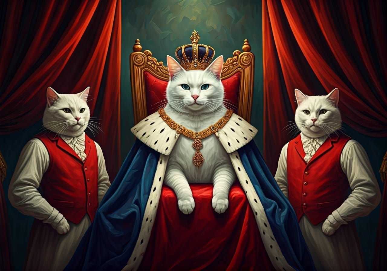 Majestic Cat King on Throne, Impasto Painting Style