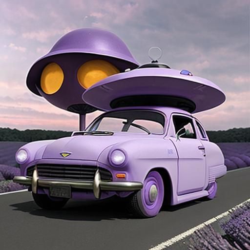 Flying saucer behind car, (lavender sky:1.3) loitering alien...