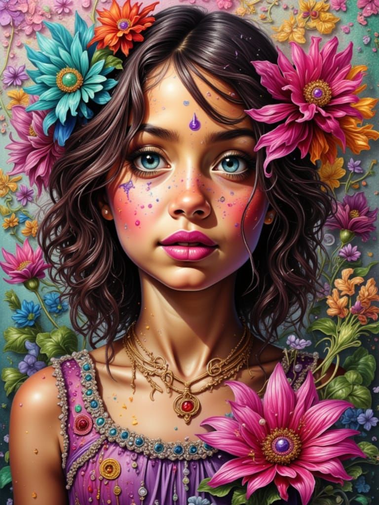 Stylized Portrait of Girl Surrounded by Flowers