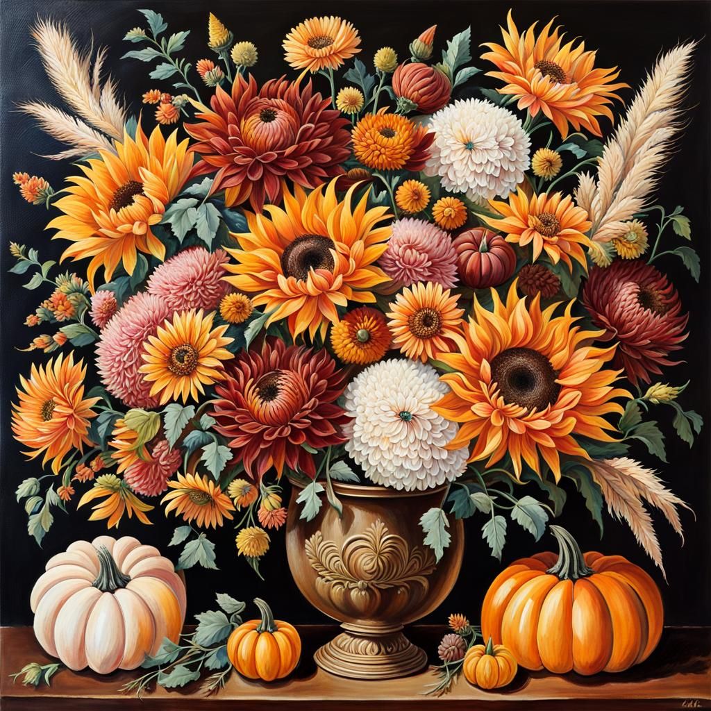 Gouache Painting of Autumn Flowers Still Life