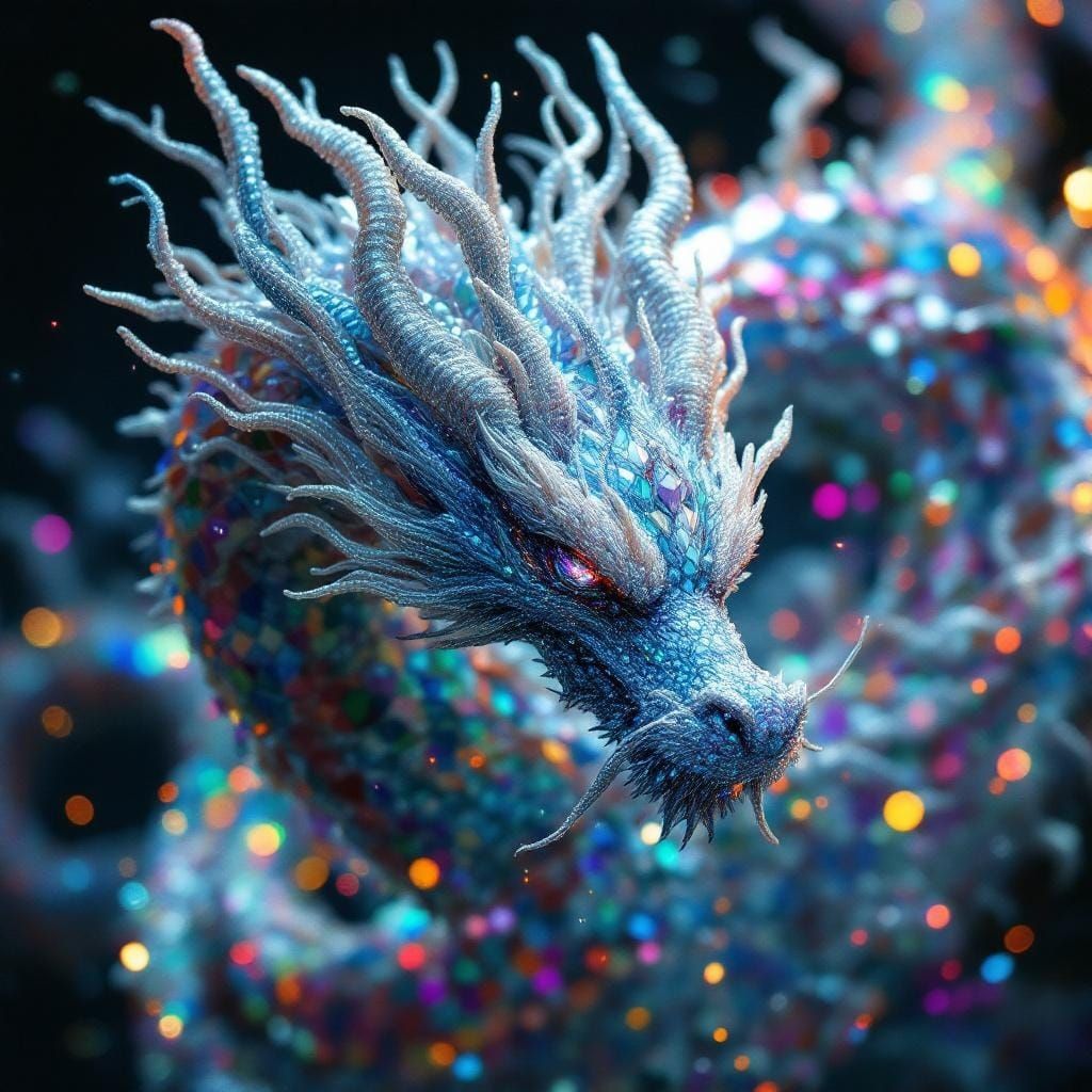 A sparkling dragon made entirely of beads