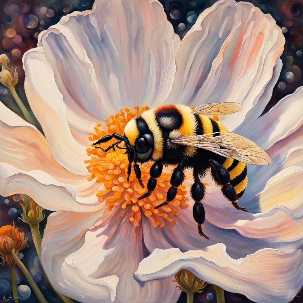 Bubble Bee in Anemone, Watercolor Impasto Masterpiece