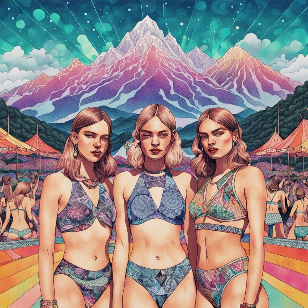 Girls at Music Festival in Vibrant Psychedelic Landscape