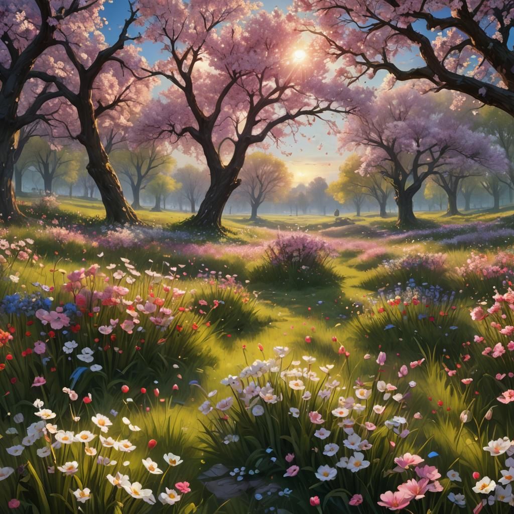 Blooming Cherry Tree in Spring Meadow, Oil on Canvas