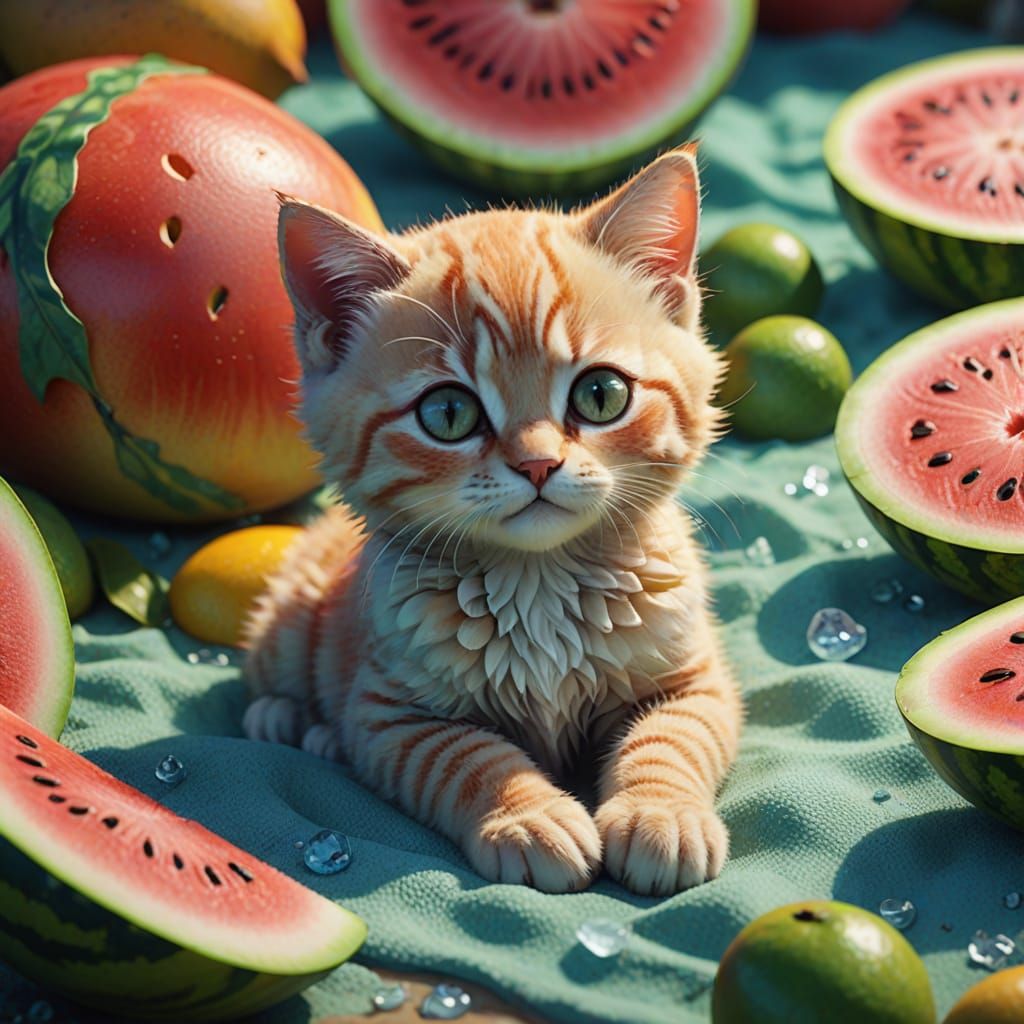 Whimsical Mango Kitten on a Tropical Beach