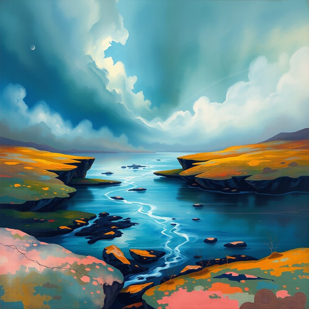 Surreal Dreamscape Blurring Land and Water in Impressionist ...