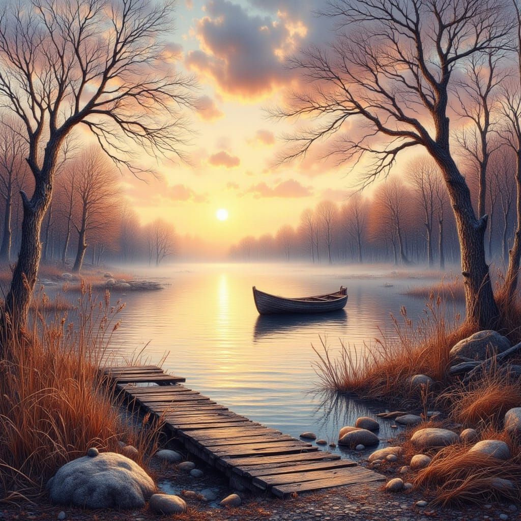 Serene Lakeside Sunrise in Impressionist Style