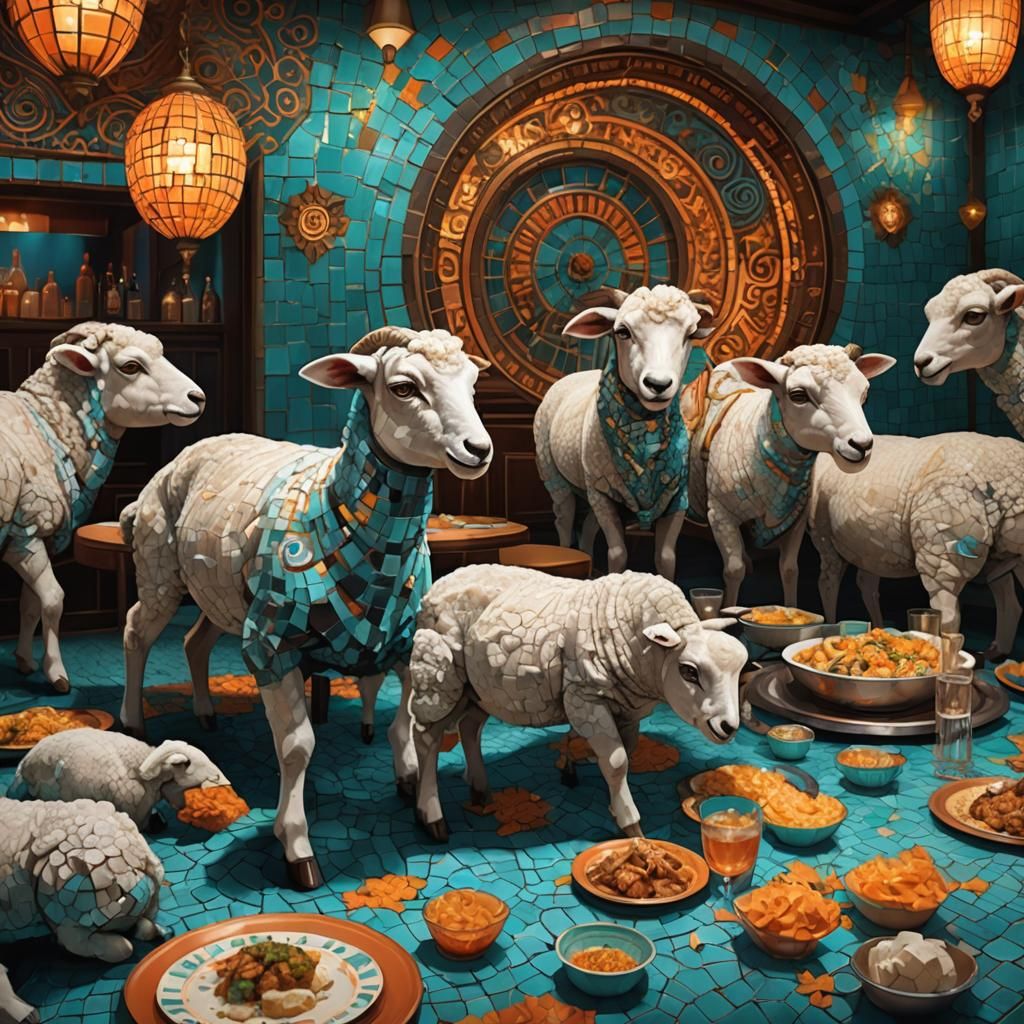 Mosaic Lambs Dine in Old Hollywood, Fantasy Art